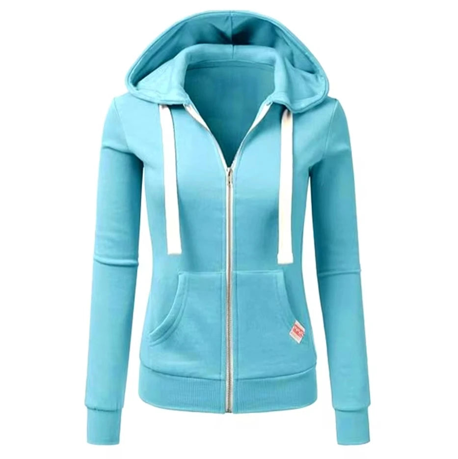 2025 Autumn/Winter New Women Solid Color Fashion Hoodie Long Sleeve Zipper Pocket with Label Outdoor Sports Jogging Clothing - Matrix Studios