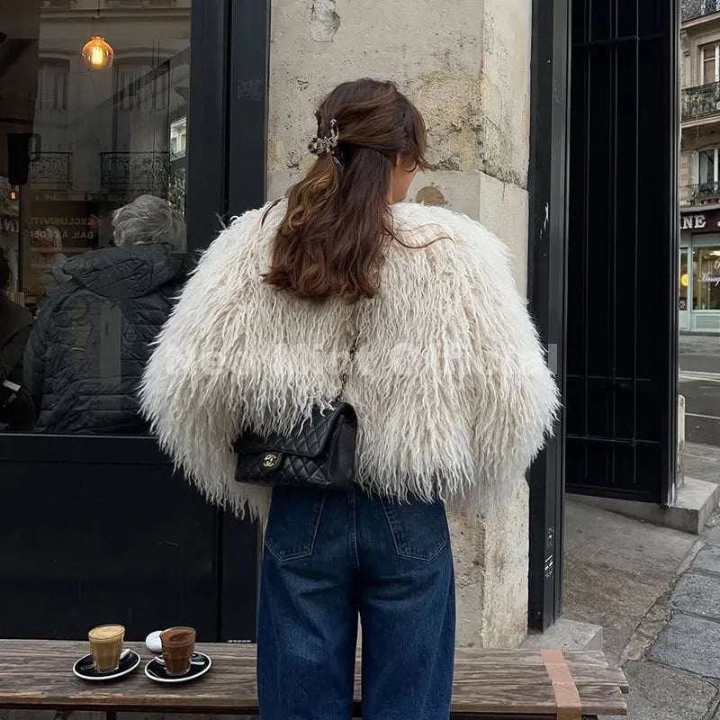 Neo Mint Chic Street Girls Round Neck Faux Mongolia Sheep Fur Coat Women 2025 Winter Fluffy Warm Fur Jacket Cropped Outerwear - Matrix Studios