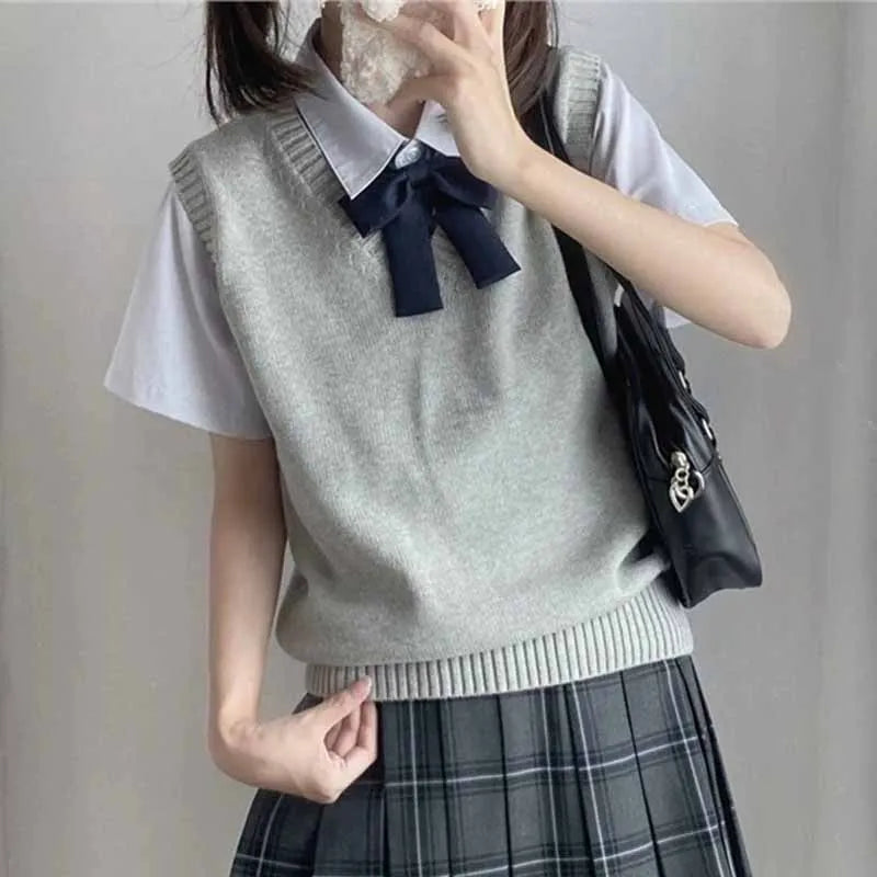 College Style Sleeveless Sweater Vest Women Preppy Style All-Match School Girls Jk Knitted Vest Solid Basic Knitwear Waistcoat - Matrix Studios