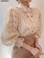 Women Chiffon Button Turtleneck Shirt Chic Elegant Floral Lace Fluffy Long Sleeve Top Fashion Hollow Oversize White Blouse 2025 - Matrix-studios.com