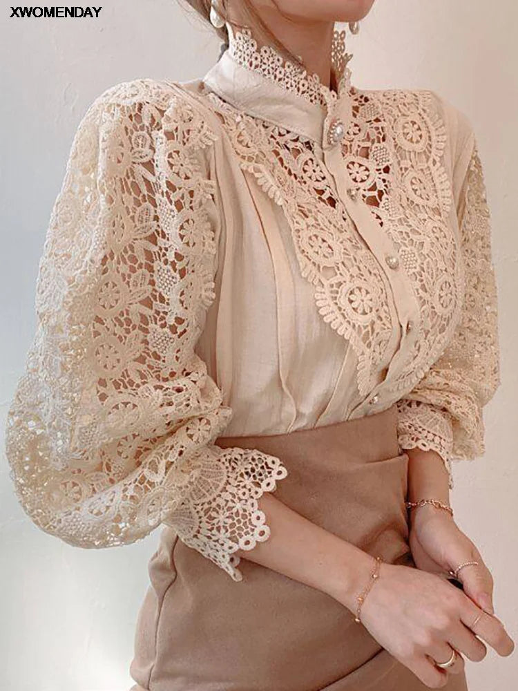 Women Chiffon Button Turtleneck Shirt Chic Elegant Floral Lace Fluffy Long Sleeve Top Fashion Hollow Oversize White Blouse 2025 - Matrix-studios.com