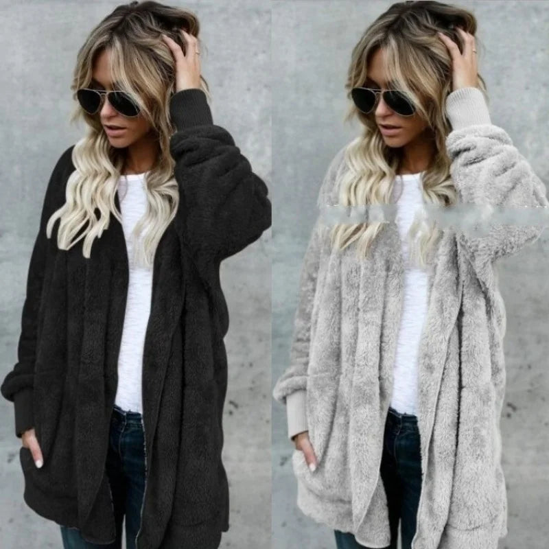 Women Autumn Winter Double-faced Fur Fleece Faux Fur Medium Style Hooded Warm Thick Coat Casual Solid Long-sleeved Fur Overcoat - Matrix Studios