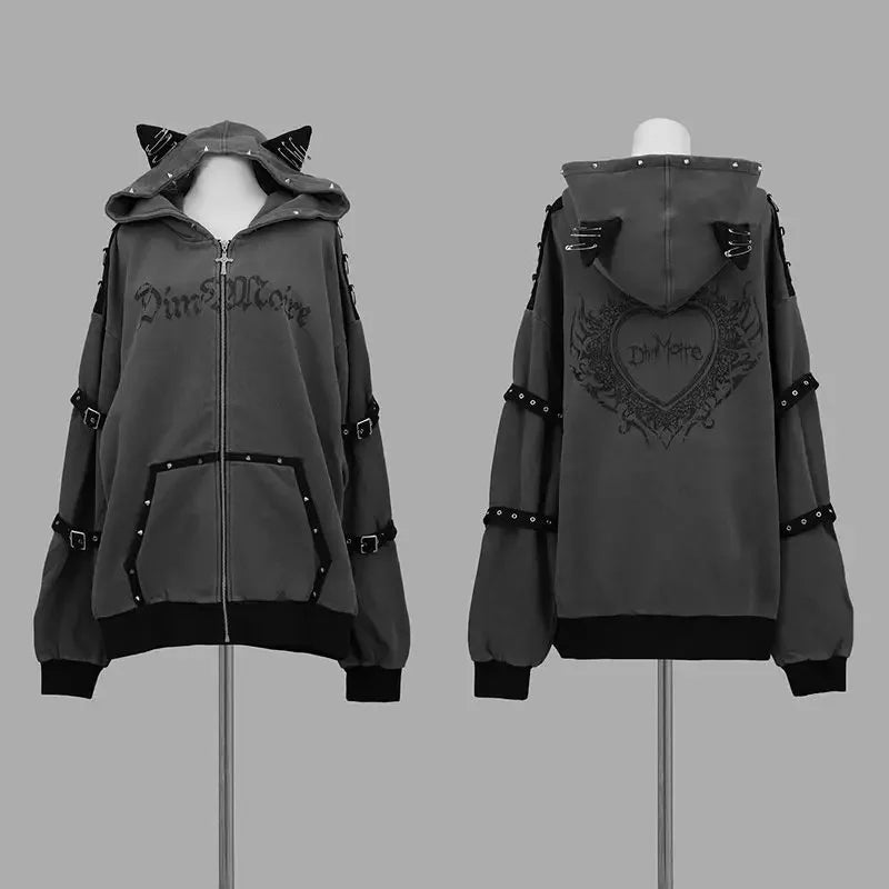 Streetwear Harajuku Hoodies Jackets Women's Clothing Hooded Punk Zipper Coat Japanese Rivet Print Fashion Casual Y2k Sweatshirts - Matrix Studios