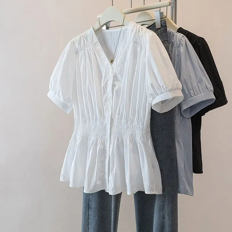 200 Pounds Plus Size Elastic Waist Office Lady Trend Shirt And Blouse Solid Color Top Women Clothing V-neck French Chic Basics - Matrix-studios.com
