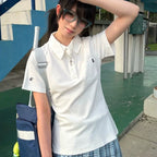 Deeptown Basic Embroidere T-Shirts Women Short Sleeve Polo Collar Japanese Style JK Tees Slim Preppy Solid Color Summer Youthful - Matrix-studios.com