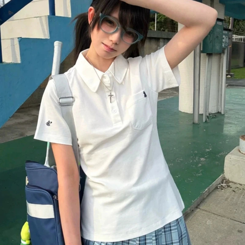Deeptown Basic Embroidere T-Shirts Women Short Sleeve Polo Collar Japanese Style JK Tees Slim Preppy Solid Color Summer Youthful - Matrix-studios.com