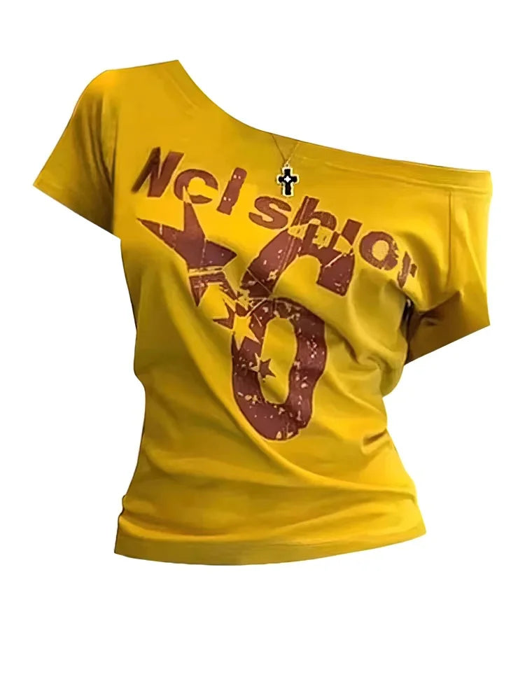 Y2k Sport Summer Off shoulder Top Women Sexy Vintage 2000s Short sleeve T shirt Lady Body Basic Crop Top Female Casual - Matrix-studios.com