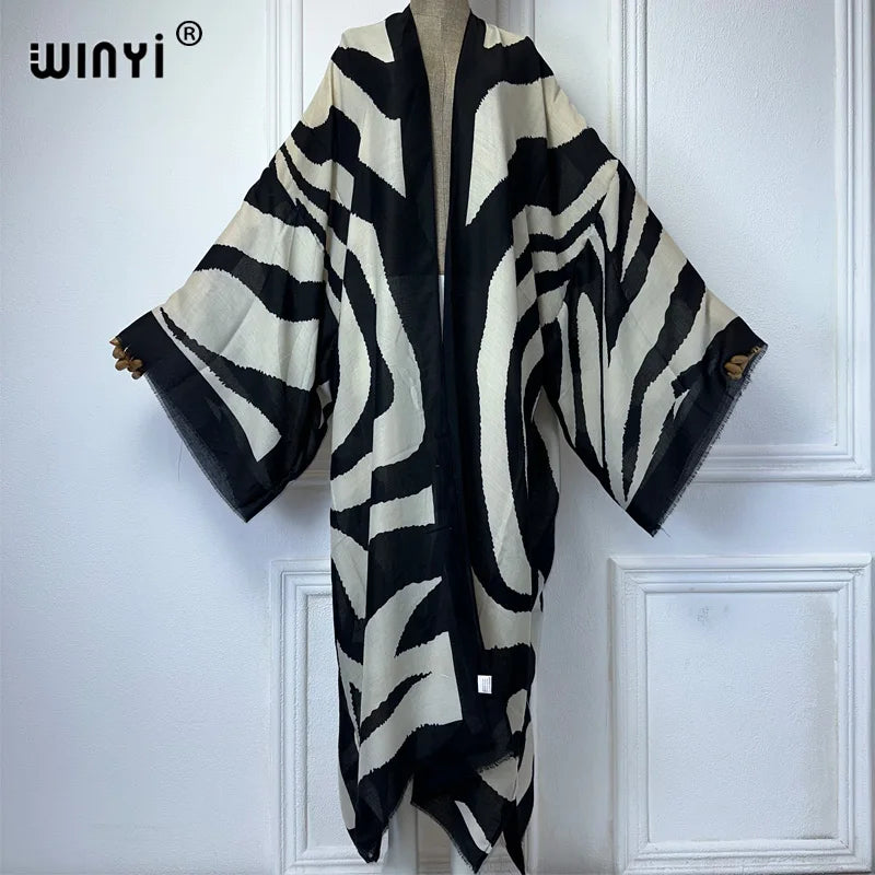 WINYI Kimono Zebra Print Cardigan Abaya Dubai Luxury Elegant Beach Outfits Long Coat Women Sexy Cotton Feeling Dress Kaftan - Matrix Studios