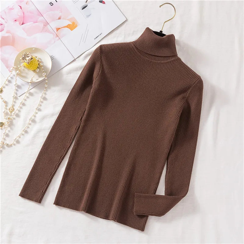 2026 Autumn Winter Women Long Sleeve Knitted Foldover Turtleneck Ribbed Pull Sweater Soft Warm Femme Jumper Pullover Clothes - Matrix Studios