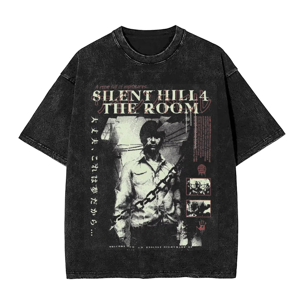 Washed T Shirts Horror Silent Hill Heavens Night Hip Hop T-Shirt Street  Streetwear Short Sleeve Printed Tops Tees Men Women