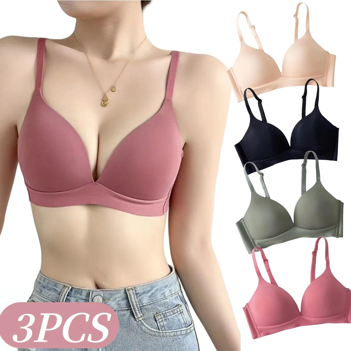 3Pcs/Set Seamless Bras For Women Non-wire Push-Up Bra Glossy Deep V Underwear Fixed 3/4 Cup Comfort Daily Wear Lingerie S-XXL - Matrix Studios