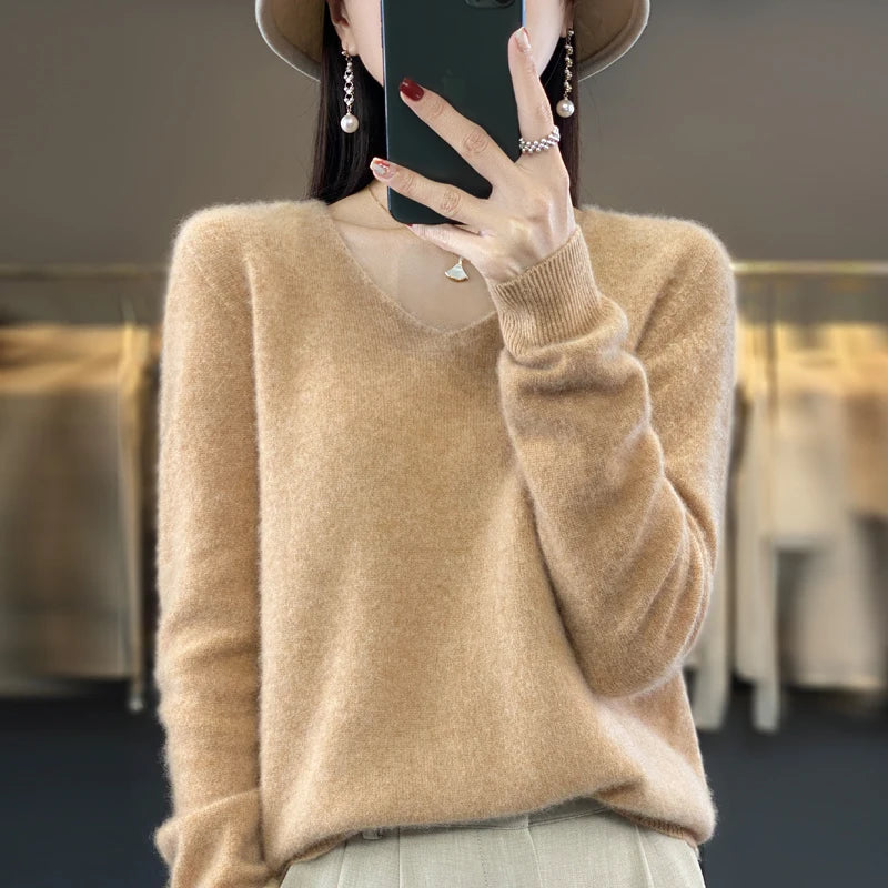 100% pure wool cashmere sweater women's V-neck pullover casual knit top autumn and winter women's coat Korean fashion - Matrix Studios