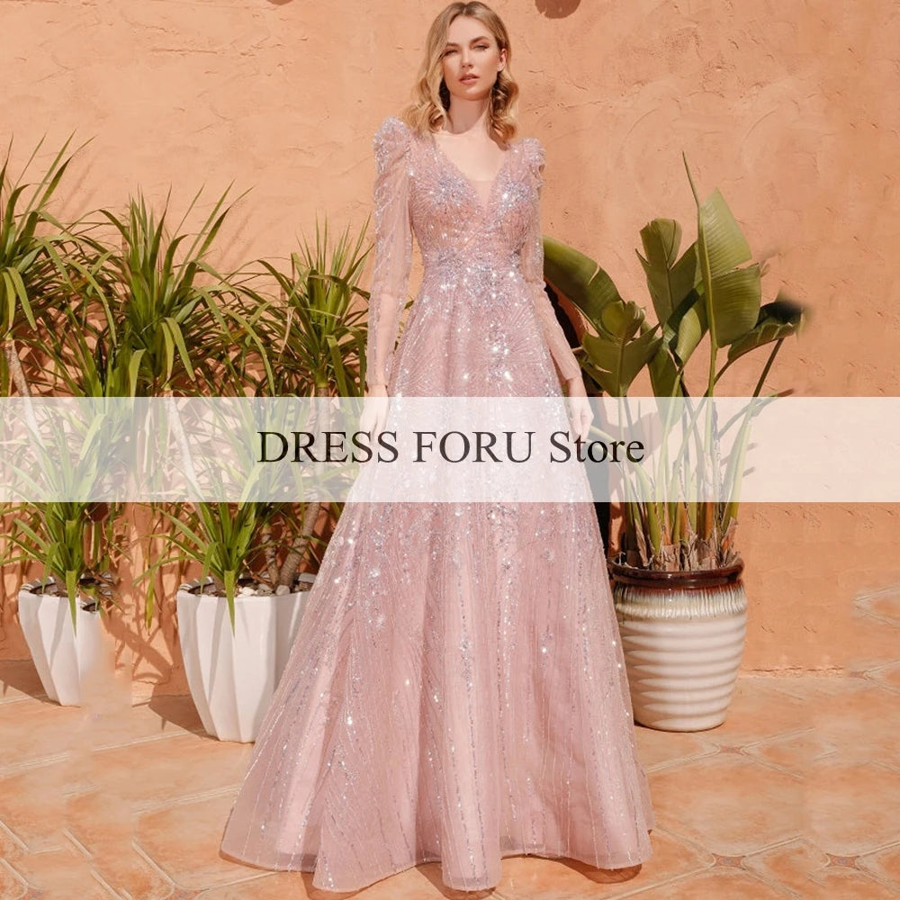 Sparkle Sequin Tulle Evening Dresses For Women Custom Pink A Line V Neck Long Sleeves Floor Length Zipper Back Prom Party Gowns - Matrix Studios