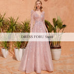 Sparkle Sequin Tulle Evening Dresses For Women Custom Pink A Line V Neck Long Sleeves Floor Length Zipper Back Prom Party Gowns - Matrix Studios