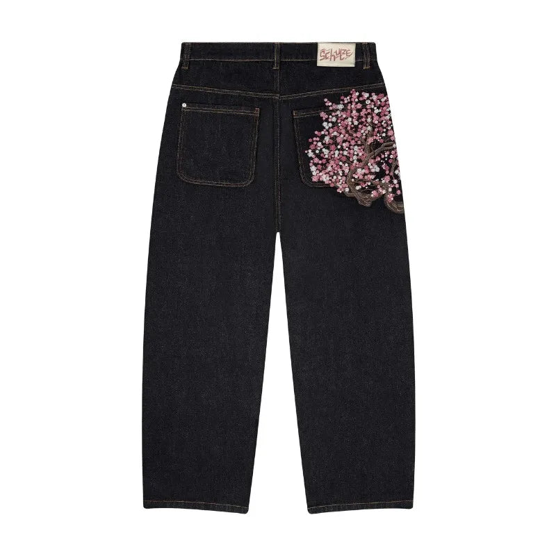 Y2K Harajuku jeans Goth vintage plum blossom embroidery pattern wide leg pants men women denim fabric American style street wear - Matrix Studios