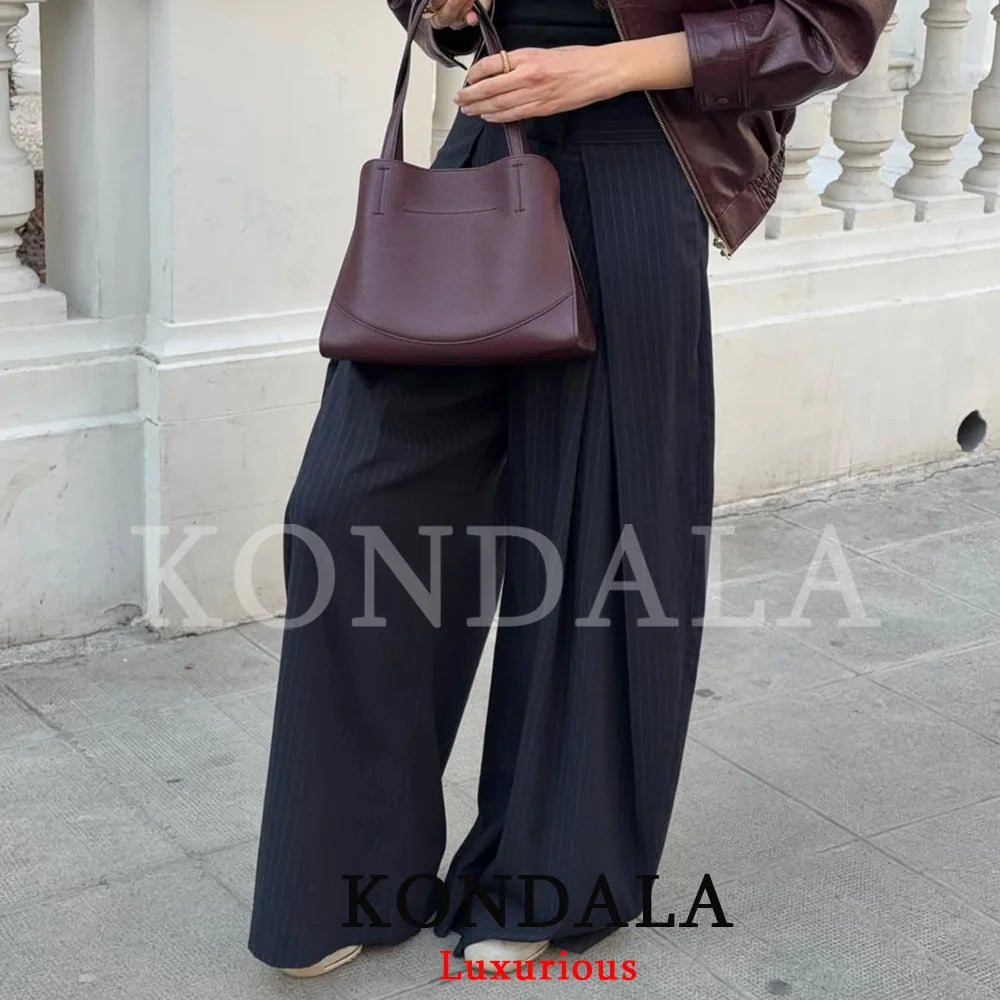 KONDALA Casual Chic Wide Leg Pants Women Office Lady Pockets Pleated Long Trousers Fashion 2026 Spring Summer Streetwear Pants - Matrix-studios.com
