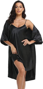 Women's Silk Satin Pajamas 2Pcs Sexy Silky Pj Robe Set with Chemise Nightgown - Matrix-studios.com