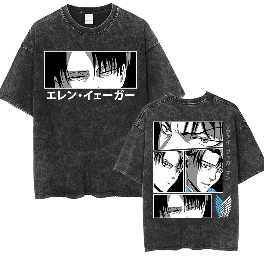 Anime Attack on Titan Vintage Washed Print T-shirt Mikasa Ackerman Eren Jaeger Wings of Freedom Logo Mens Summer Cotton T-shirts - Matrix Studios