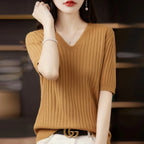 Women's Sweater Spring Summer Short Sleeve V-neck Knit Shirt Casual Korean Pullovers Stripe Bottoming Shirt Slim Fit Jumpers - Matrix Studios