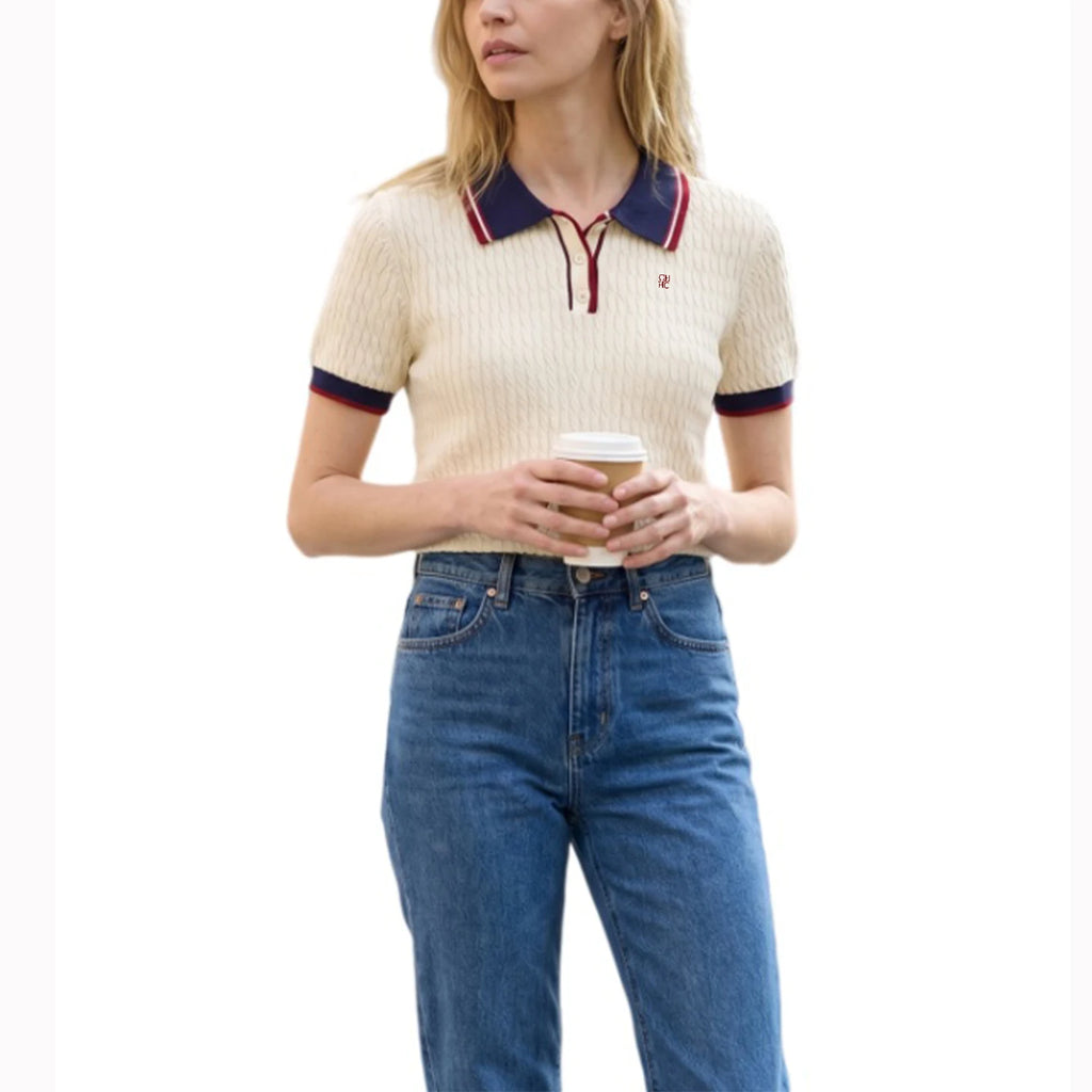 CH Solid Color Embroidered Knit Polo Shirt Women Elegant Short Sleeve Ribbed Trim Office Casual Tops - Matrix-studios.com