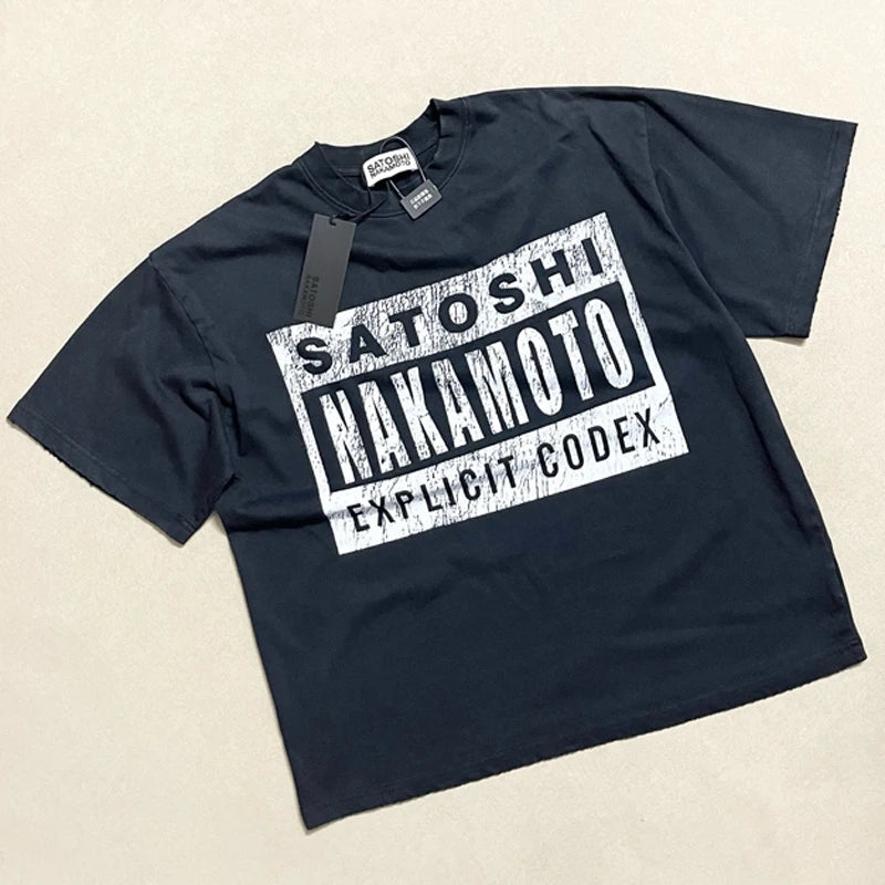 Ripped Hole Satoshi Nakamoto T-shirt High Quality Splash-ink Pattern Short Sleeve Retro Casual Loose Round Neck T Shirts - Matrix-studios.com