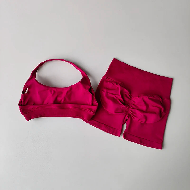 Sexy Halter Neck Beautiful Back High Waist Peach Sports Bras Shorts Suit Pilates Gathering Yoga Vest Training Fitness Bra Sets - Matrix-studios.com