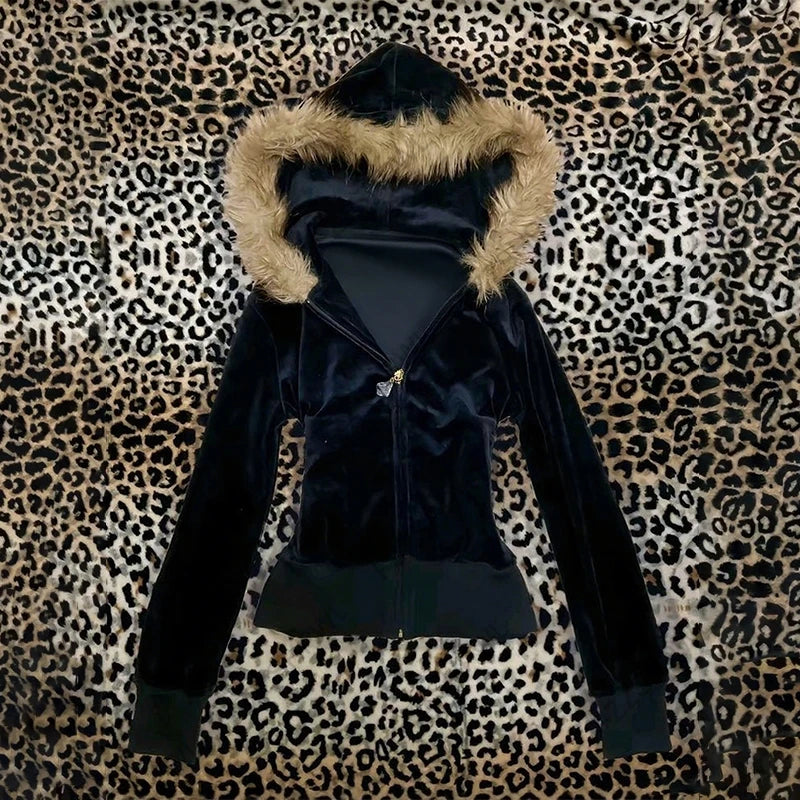 Pink leopard print hooded zipper long-sleeve sweatshirt for spring and autumn comfortable slim fit fashionable street wear 2000s - Matrix Studios