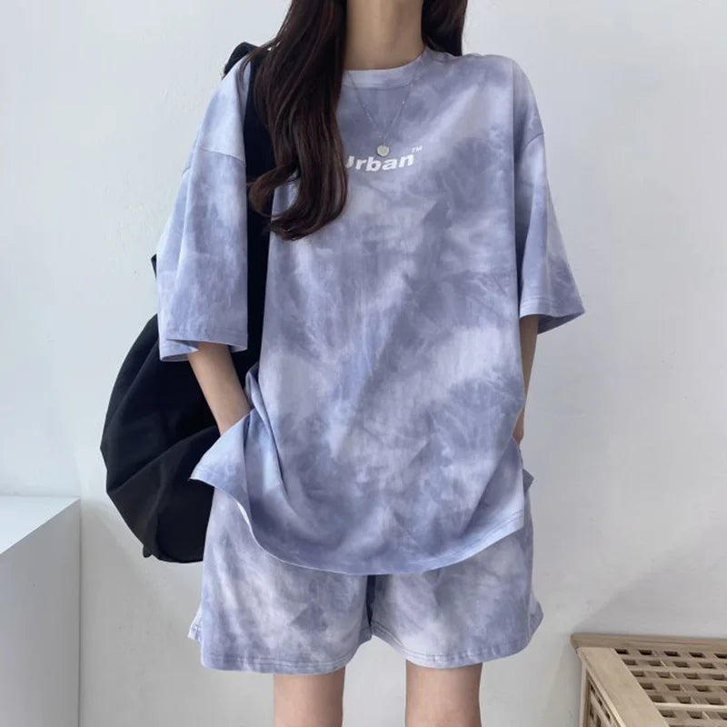 Women T-Shirt Shorts Suit Set Casual Tie Dye Loose Tshirt and Wide Leg Middle Shorts with Pockets Female Soft Summer Shorts Sets - Matrix-studios.com