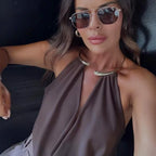 HXAO Brown Halter Bodysuit Women Summer Bodys For Sexy Women Off Shoulder Sleeveless Thong Bodysuit With Open Back Rave Bodysuit - Matrix-studios.com