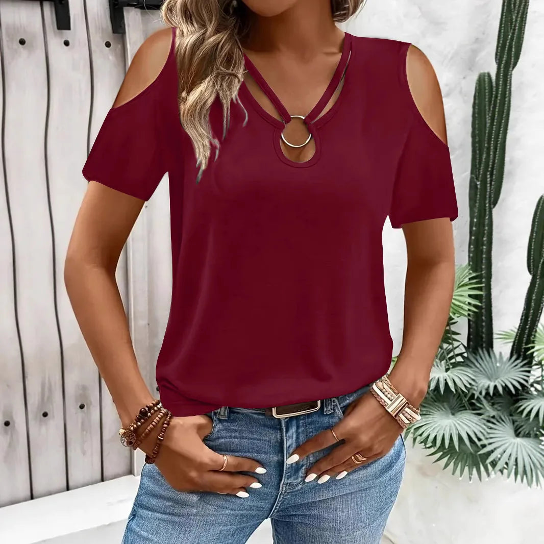 2025 New Summer Fashion Women's Blouses Hollow Out Short Sleeve Shirts Casual Off Shoulder Cross V-Neck Solid Colors Female Tops - Matrix-studios.com