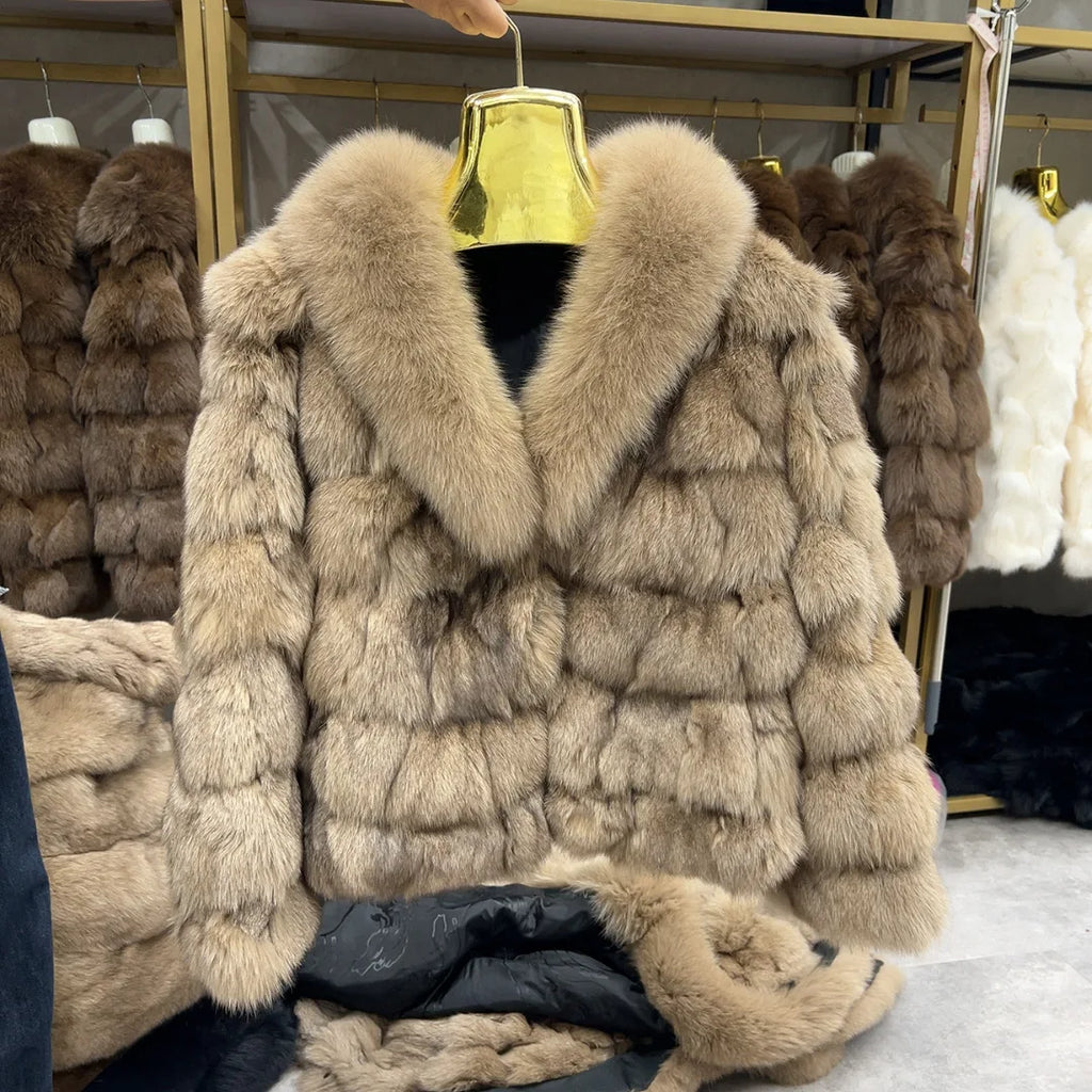 HUA QIU MEI SI Women's Natural Fox Fur Jacket with Fox Collar for Winter Warmth, Short Style Real Fox Fur Leather Jacket - Matrix Studios