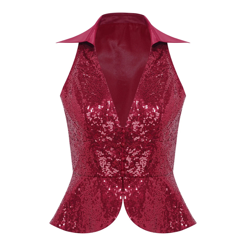 Womens Sequin Vest Lapel Sparkly Cosutme Sleeveless Vests Nightclub Jazz Dance Party Dressy Tops Rave Music Festival Waistcoat - Matrix Studios