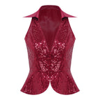 Womens Sequin Vest Lapel Sparkly Cosutme Sleeveless Vests Nightclub Jazz Dance Party Dressy Tops Rave Music Festival Waistcoat - Matrix Studios