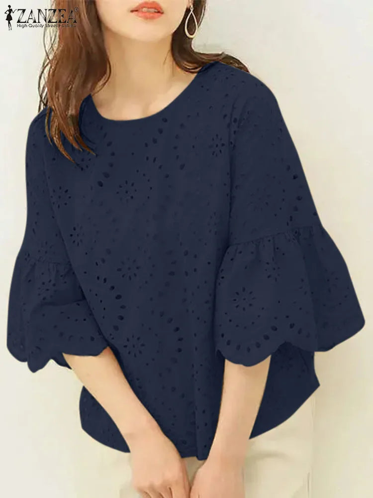 ZANZEA Fashion Summer 3/4 Sleeve Hollow Out Blouse Women Elegant Lace Crochet Tops Casual Loose Embroidery Shirt Work Blusas - Matrix-studios.com