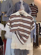 2025 Summer Ladies Polo Shirts Woman Long Sleeve Crop Top Striped Vintage Clothes Polo Shirts Mujer Streetwear Casual Tops Brown - Matrix-studios.com