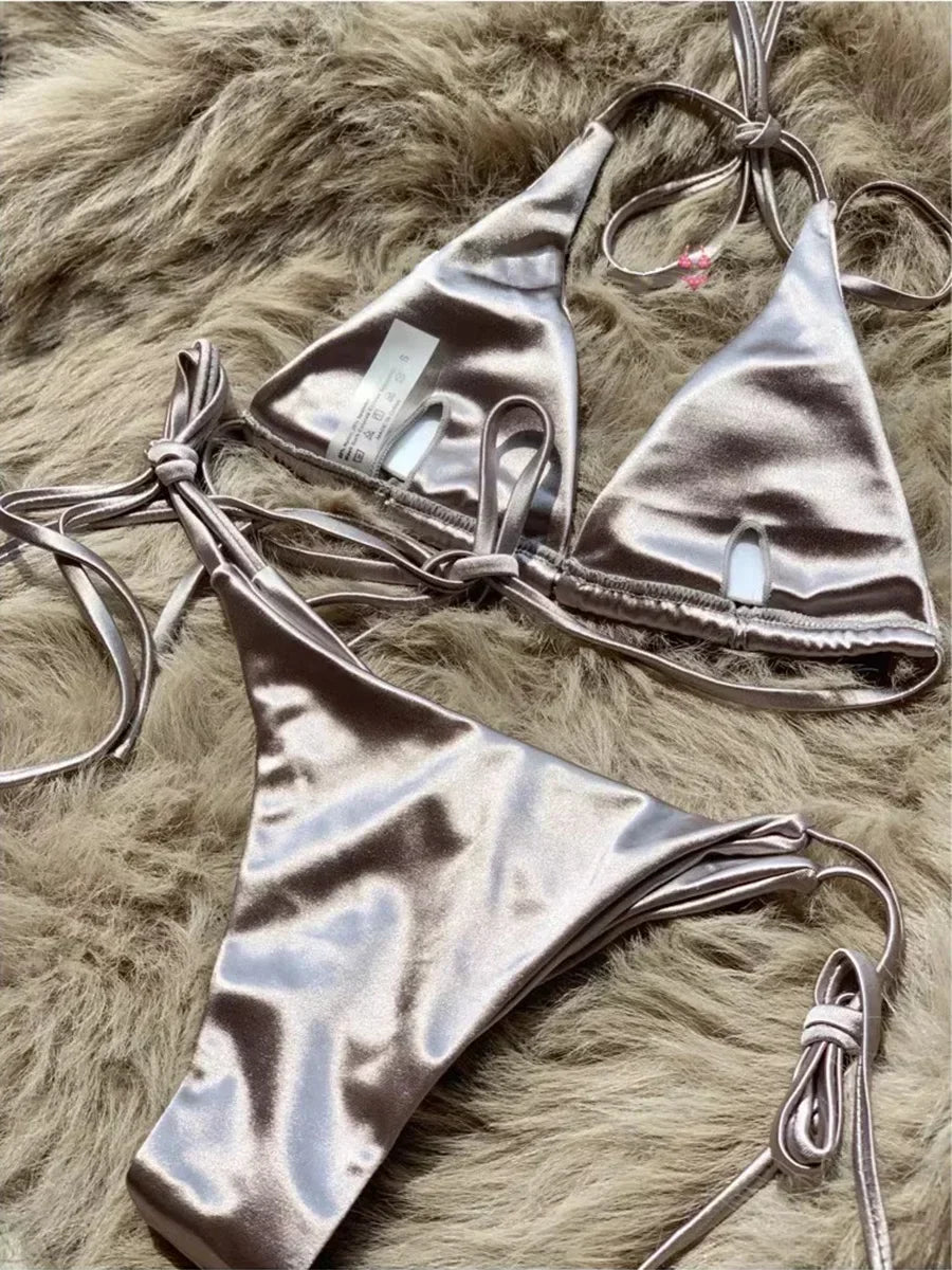 Halter Brazilian Metallic Satin Bikini Women Swimwear Female Swimsuit Two-pieces Bikini Set High Cut Bathing Suit Swim Beachwear - Matrix-studios.com
