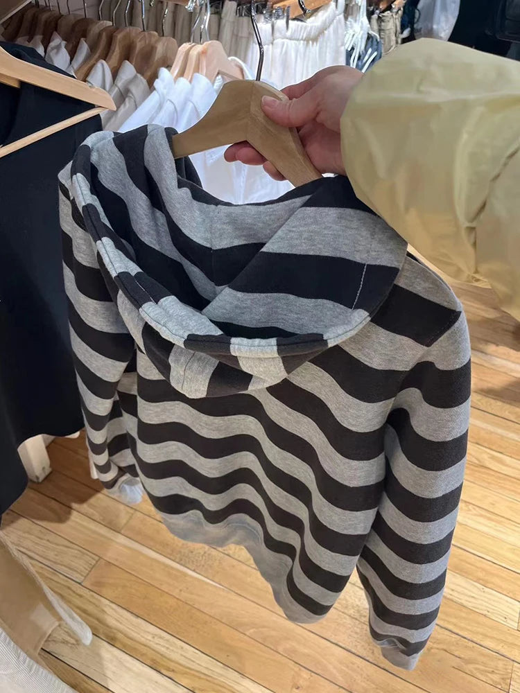 Striped Patchwork Zip-up Hoodie Autumn Cotton Pocket Drawstring Hooded Sweatshirt Women Y2k Streetwear Vintage Loose Tops Jacket - Matrix Studios