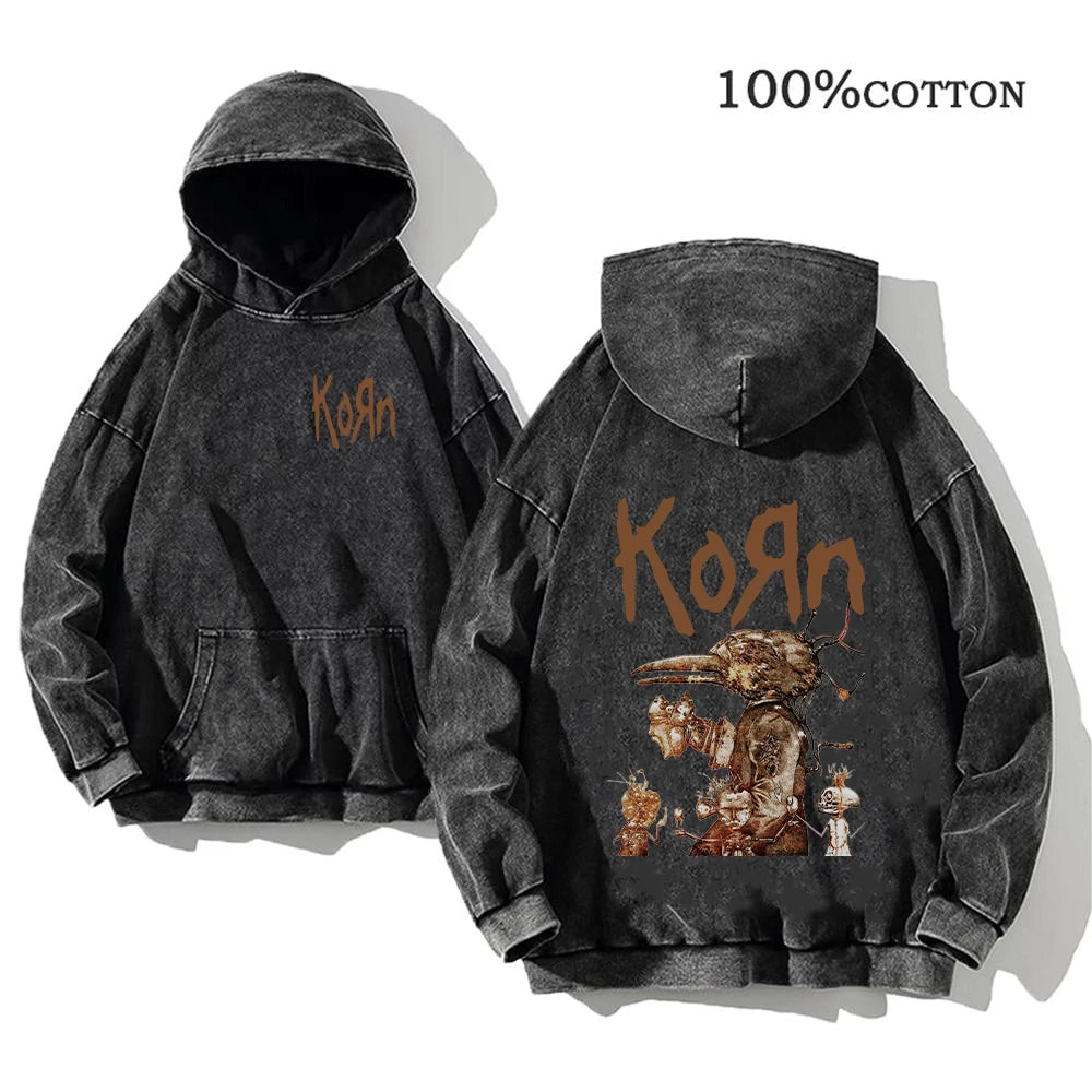 Korn Rock Band World Tour Hoodies Vintage Washed Men's Sweatshirts Cotton Hip Hop Streetwear Hooded Pullover Loose Y2K Tops - Matrix Studios