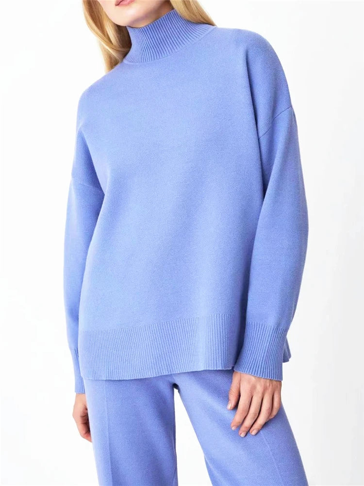 Autumn Winter 2 Pieces Women Sets Knitted Tracksuit Turtleneck Sweater and Straight Jogging Pants Suits - Matrix-studios.com