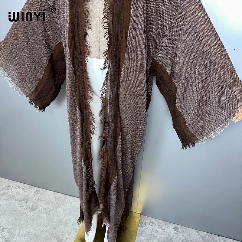 WINYI Retro Kimono Maxi Cardigan Beach Wear Covers Elegant Party Dress Abaya Dubai Luxury Muslim Woman Fashion Open Front Kaftan - Matrix Studios