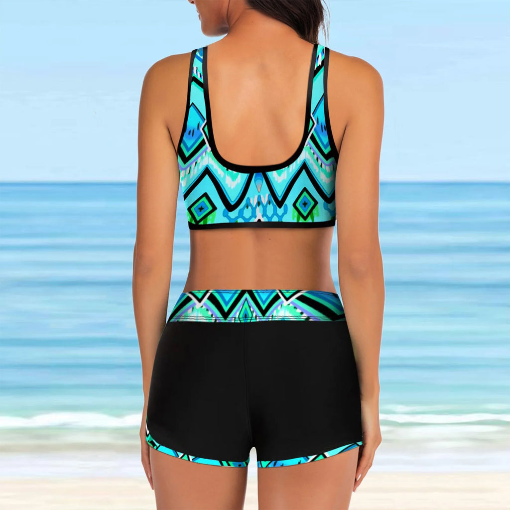 Hawaiian Print Split Swimsuit Two Piece Sets For Woman Sporty Tankini Bikini Swim Tank Top+Bikinibottom Shorts Beachwear - Matrix-studios.com