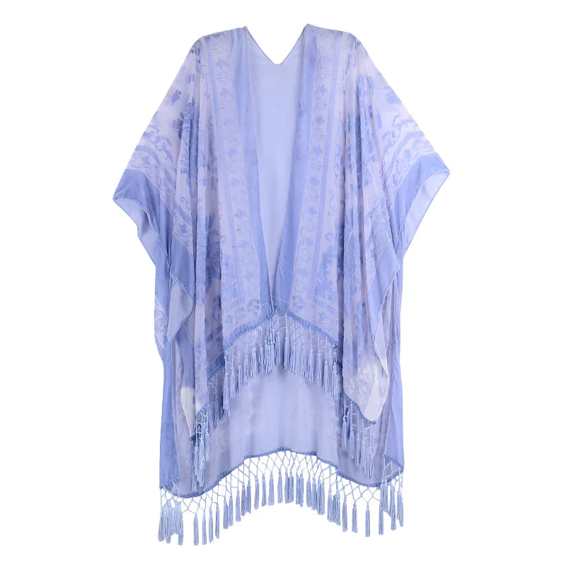 MJSERECA New Bohemian Burnt Plush Kimono for Woman Long Cardigan With tassel Beach Cover-up Casual Cardigan Shawl Chiffon Shirt - Matrix Studios