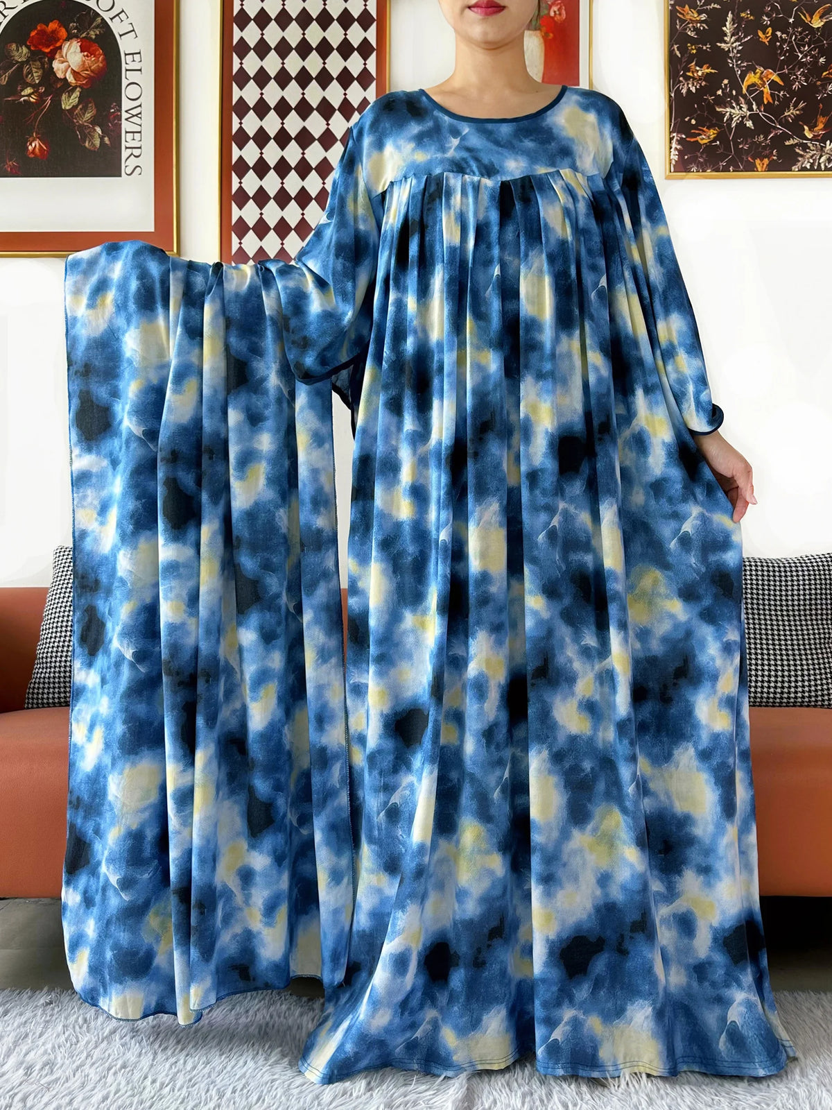 2025 New Loose Floral Dress Short Sleeve Cotton Women Abaya with Big Scarf Boho Maxi Dress Casual Fashion Dress African Vestidos - Matrix-studios.com