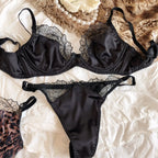 French Ultra Thin Women Lingerie Set Sexy Satin Lace Splicing Comfort Bras Leopard Print Temptation Bra and Thong Sets Underwear - Matrix-studios.com