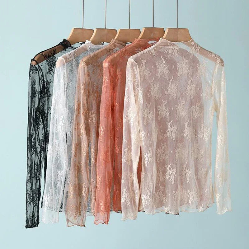New Women Floral Lace Shirt Spring Autumn Long Sleeve Sexy Mesh Bottoming Shirts Mock Neck Blouse T-Shirt Pullover Top - Matrix-studios.com