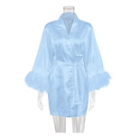 White Bride Wedding Robe with Feathers Women Satin Peignoir Sexy Bridesmids Kimono Gowns Short Bathrobe Bridal Intimate Lingerie - Matrix-studios.com