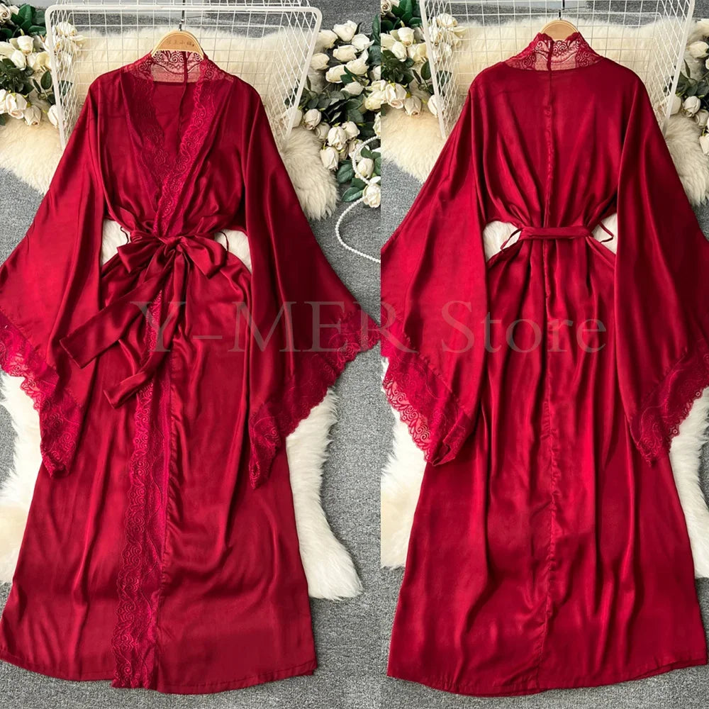 Ultra Long Birde Wedding Robe Dress White Kimono Lady Loose Sleepwear Sexy Big Lace Sleeve Bathrobe Nightwear Rayon Peignoirs - Matrix-studios.com