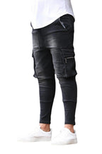 Street Elastic Jeans Men Denim Cargo Pants Wash Solid Color Multi Pockets Casual Mid Waist Trousers Slim Fit Daily Wear Joggers - Matrix Studios