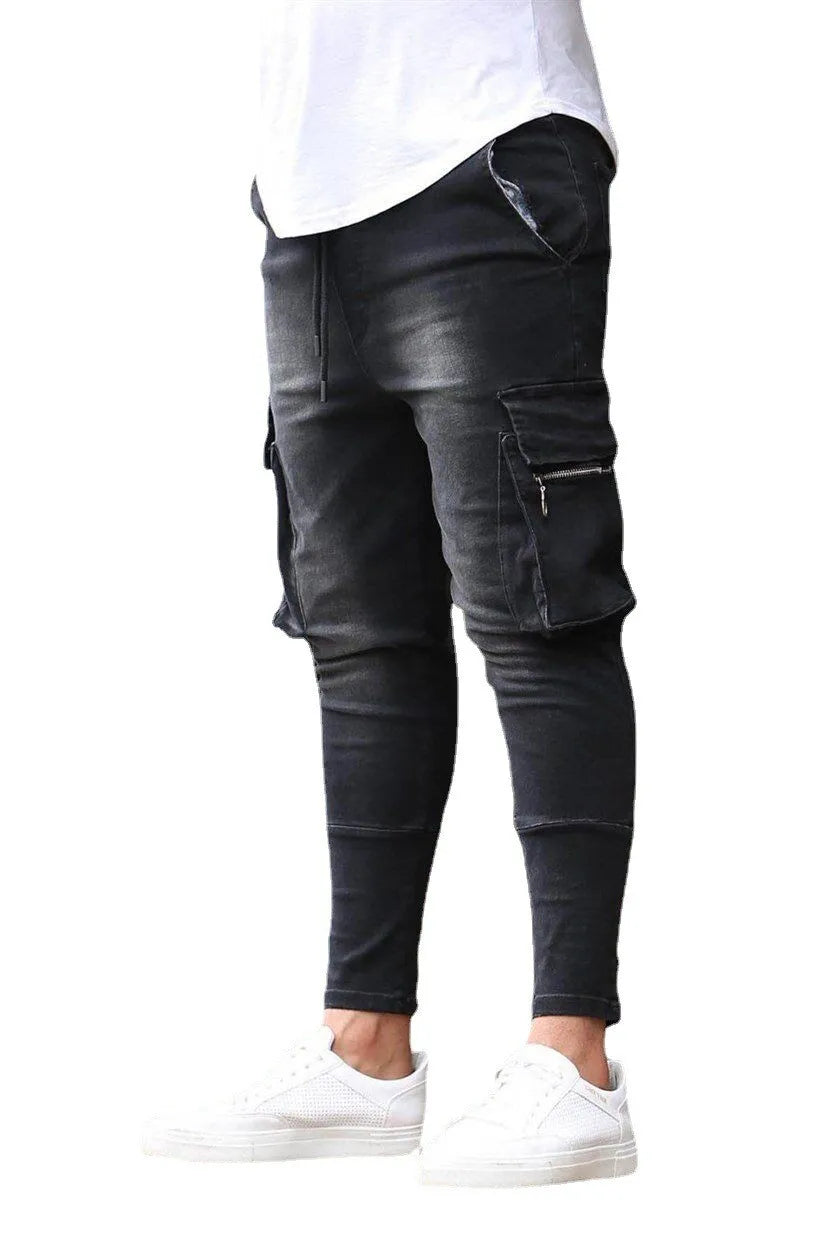 Street Elastic Jeans Men Denim Cargo Pants Wash Solid Color Multi Pockets Casual Mid Waist Trousers Slim Fit Daily Wear Joggers - Matrix Studios