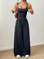Women's Casual Solid Color Pleating Loose Straight Jumpsuit A-line Backless Halter Neck Slim Cami Jumpsuit Streetwear 2025 - Matrix Studios